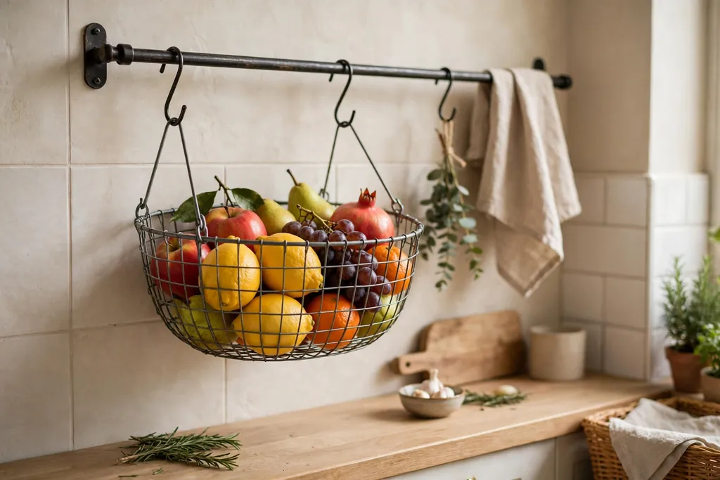 Wire basket hanging on a kitchen wall rail near a prep area.