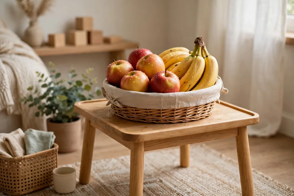 Low kids snack station basket with washed apples and bananas on a small table.