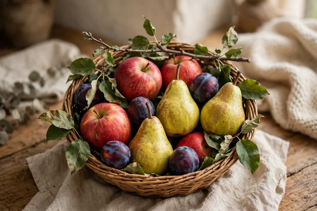 Orchard mix basket with apples, pears, plums, leaves, and a short twig.