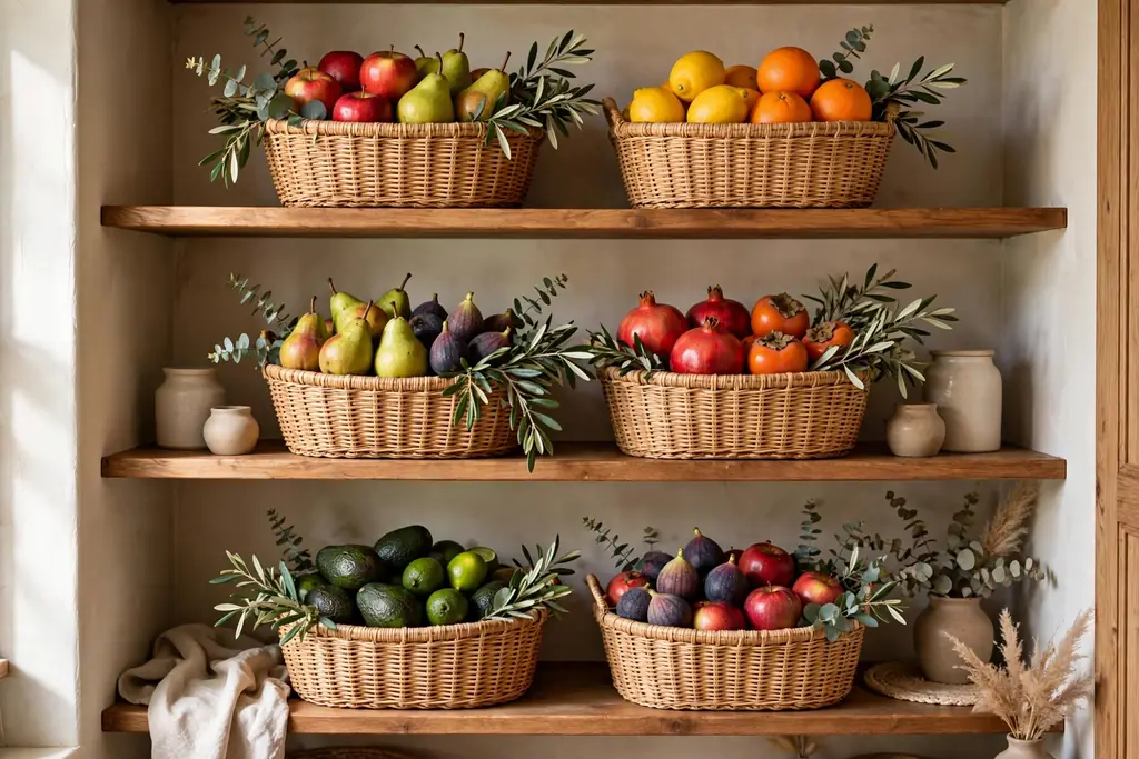 Pantry shelves lined with labeled baskets holding fruit.
