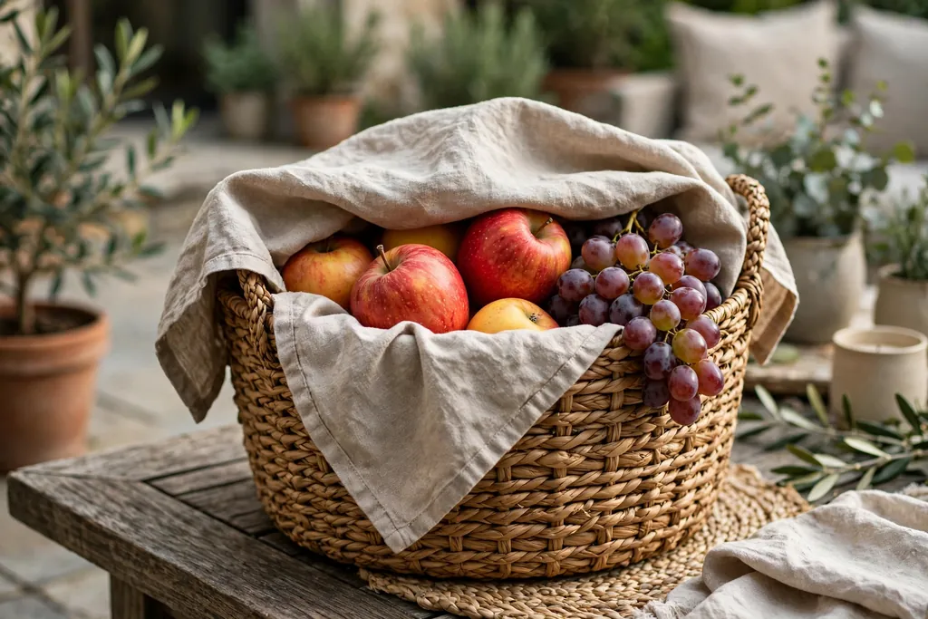 Sturdy basket of apples and grapes with a cloth cover on a patio table.