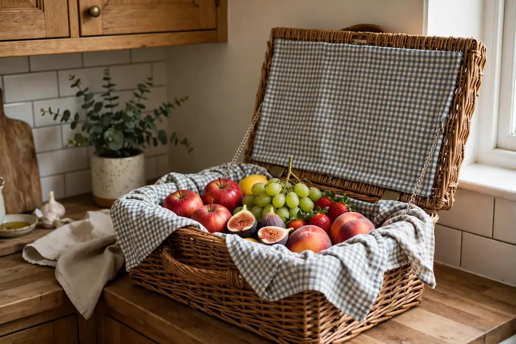 Open lidded picnic basket with a cloth lining and fruit in a kitchen corner.