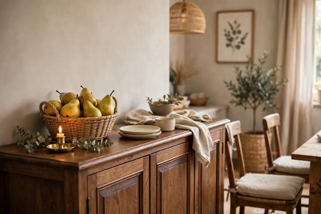 Sideboard basket of pears with small plates beside it in a dining room.