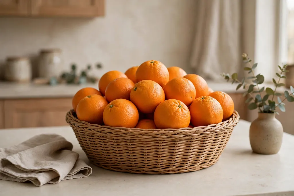 Basket filled with oranges only on a plain kitchen counter.
