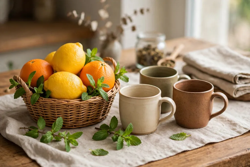 Small tea station basket with lemons and oranges beside mugs and mint.