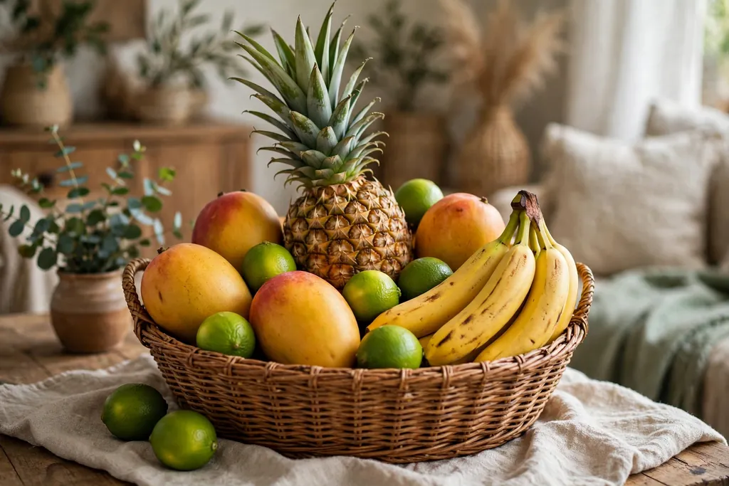 Tropical basket with a whole pineapple, mangoes, bananas, and limes.