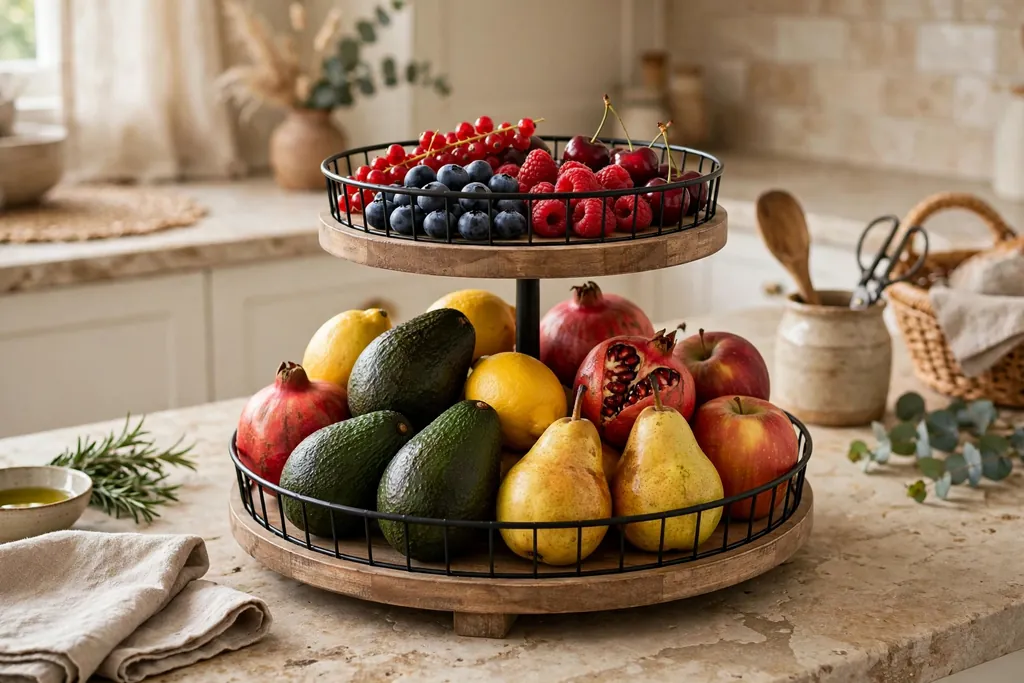 Two tier fruit stand with large fruit below and small fruit above on a counter.