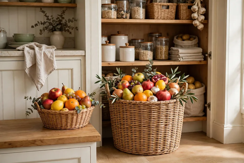 Counter fruit basket beside a larger pantry spare fruit basket.