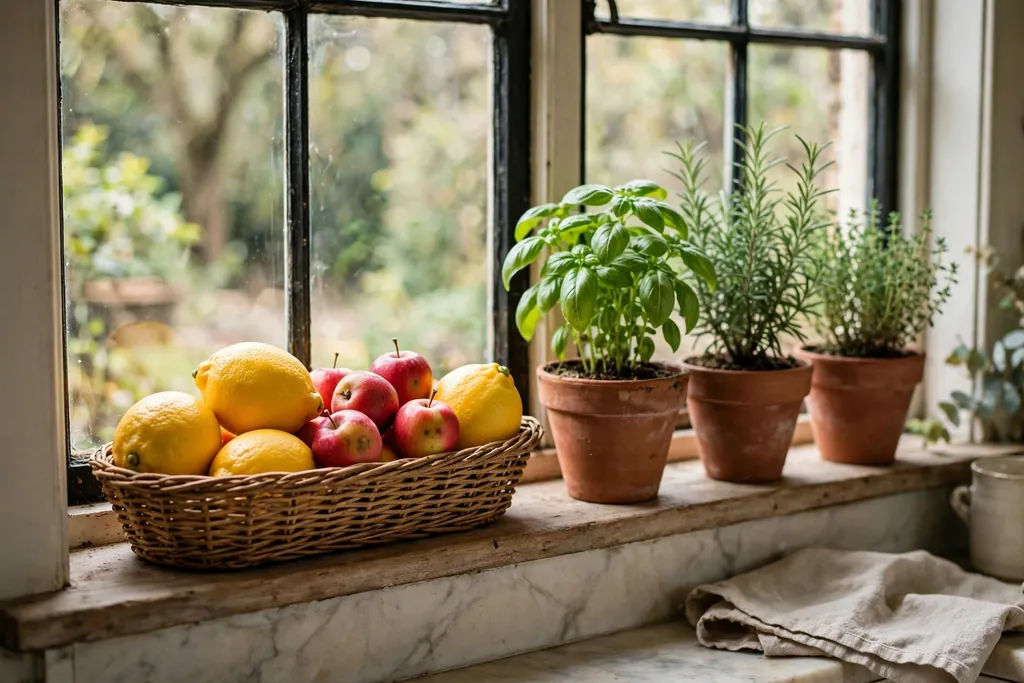 Narrow basket with lemons and small apples beside potted herbs on a windowsill.