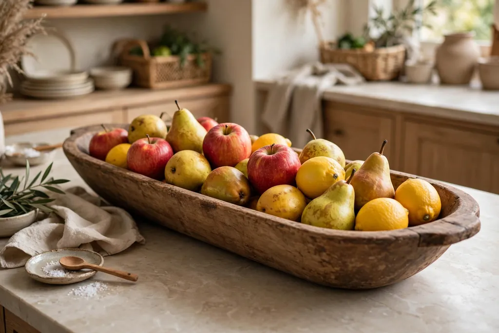 Long wood dough bowl filled with apples, pears, and lemons on a kitchen island.