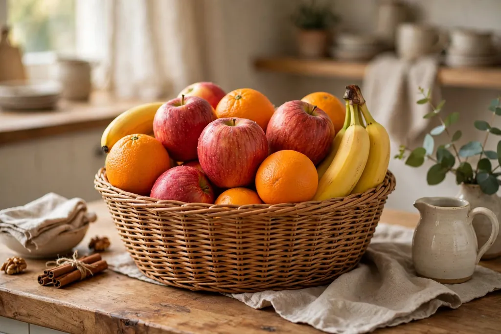 Woven basket of apples, oranges, and bananas on a kitchen counter.