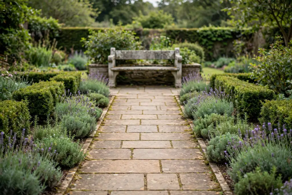 Stone garden bench at the end of a straight garden path framed by low planting