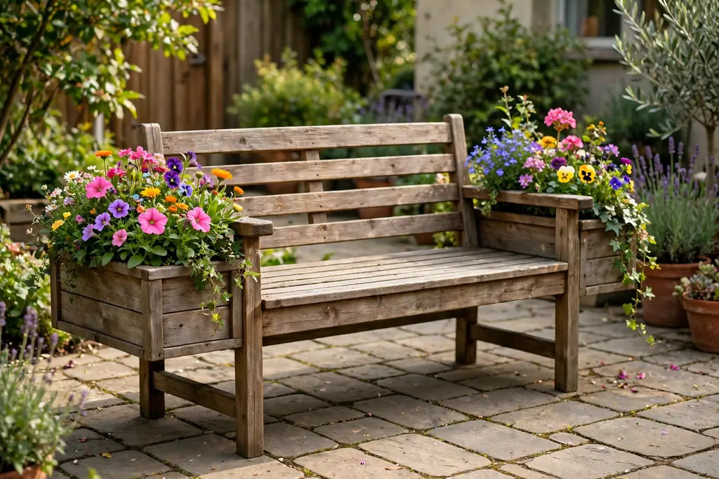 Wooden garden bench with a planter box at each end filled with colorful flowers