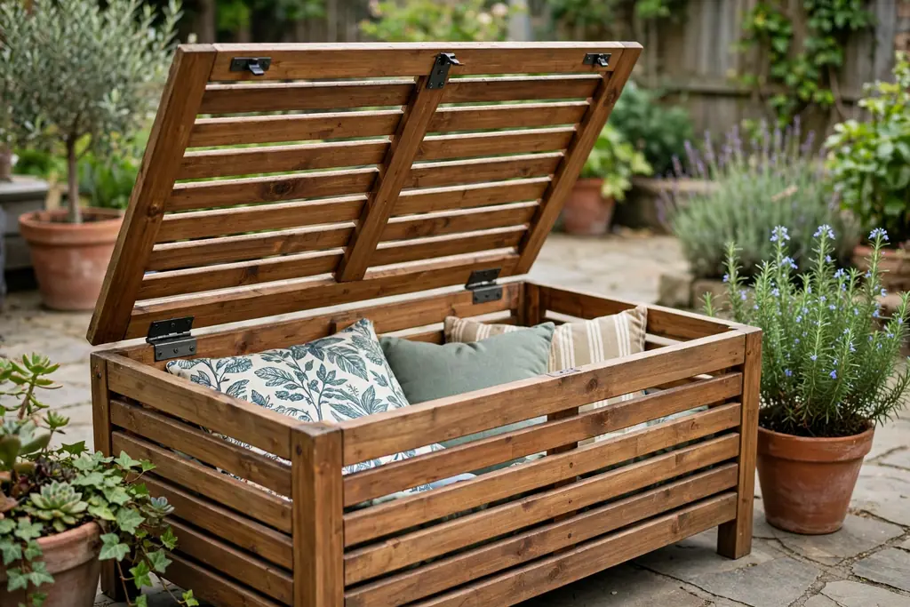 Wooden garden storage bench on a patio with the lift-up seat open showing cushions inside