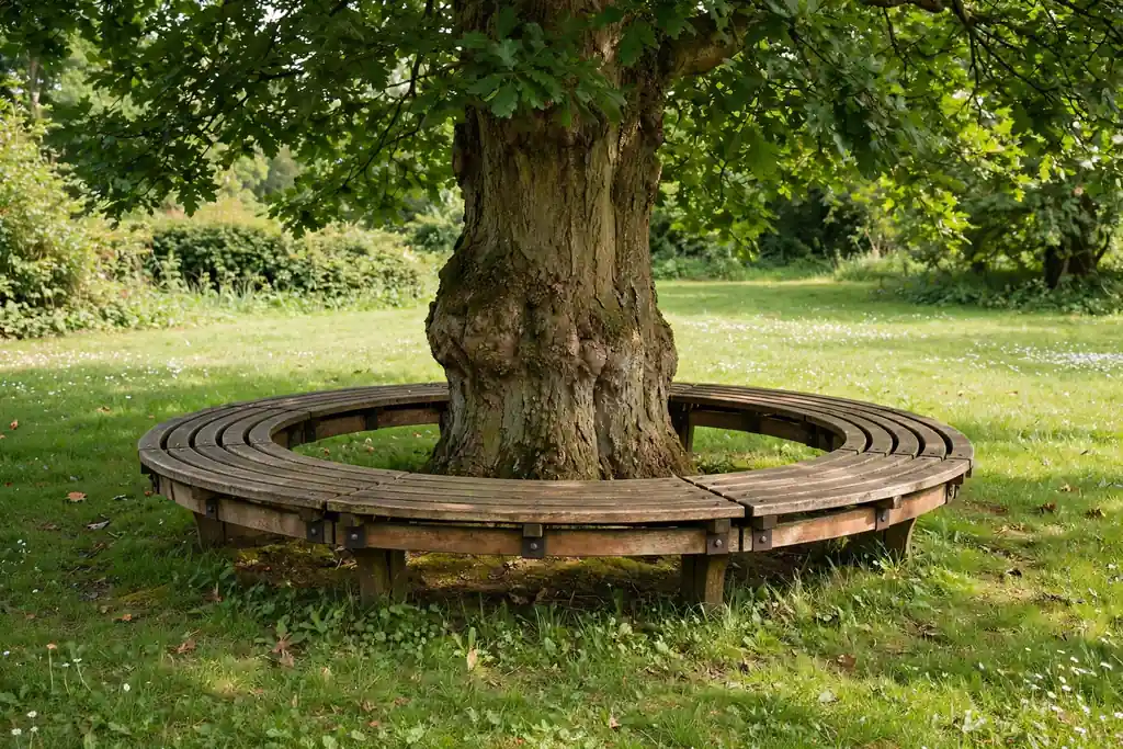 Circular wooden bench wrapping around a mature tree trunk on a lawn