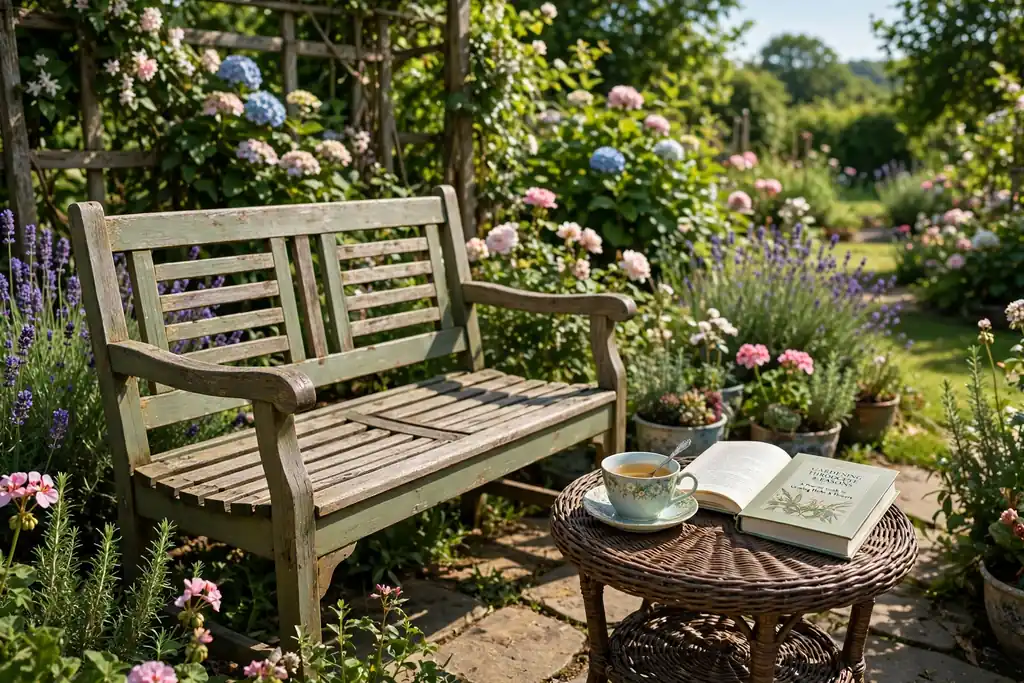 Garden bench beside a small round side table with a teacup and a book in a sunny garden