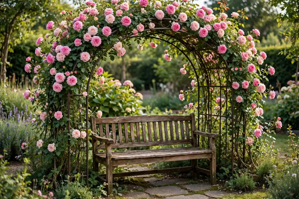 Wooden garden bench under a metal arch covered in climbing roses