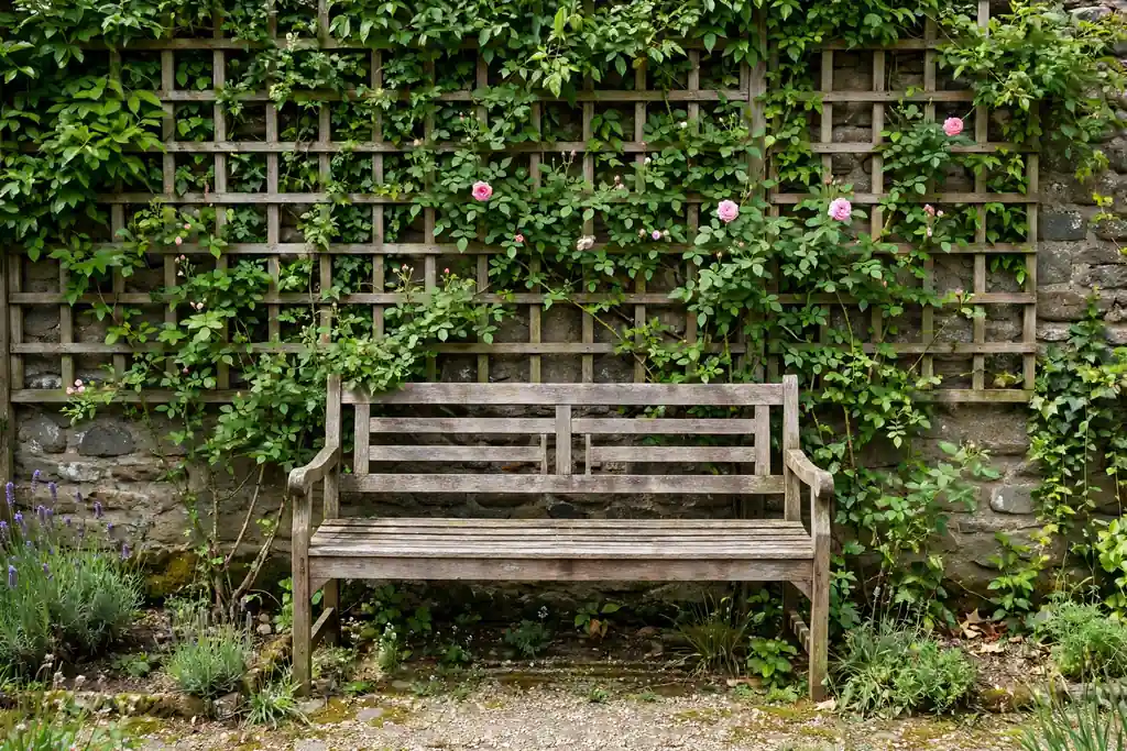 Garden bench against a garden wall with a trellis and climbing greenery behind it