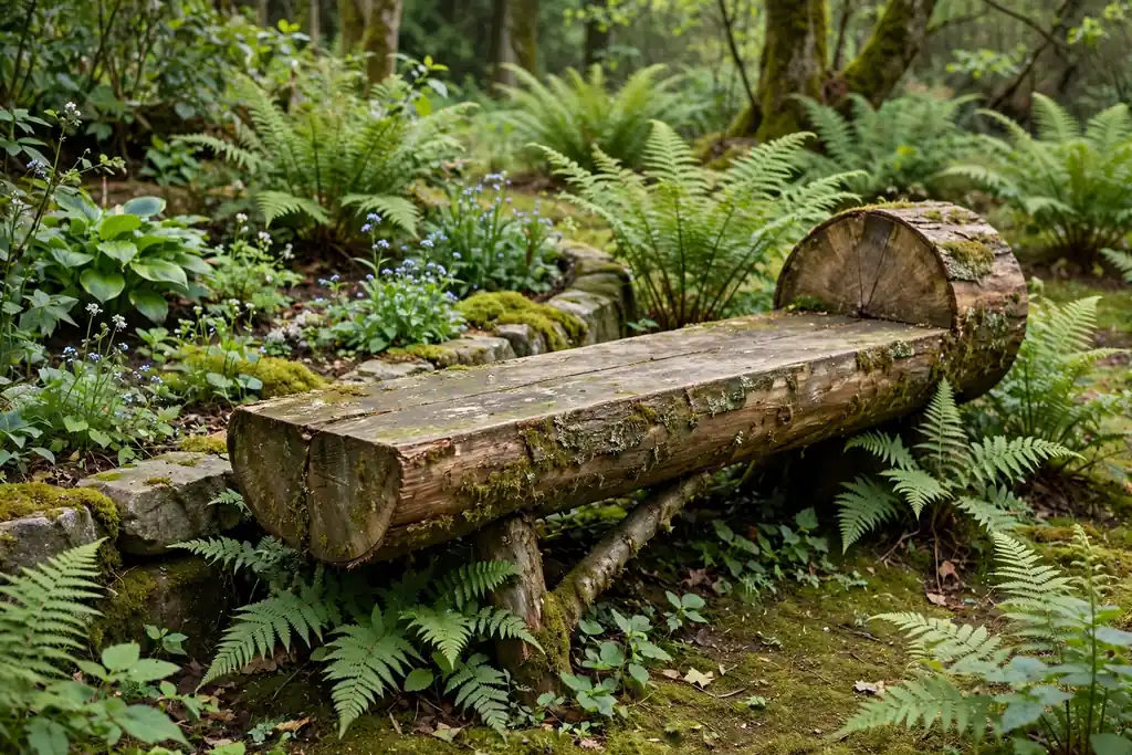 Rustic halved log bench at the edge of a woodland garden with ferns nearby