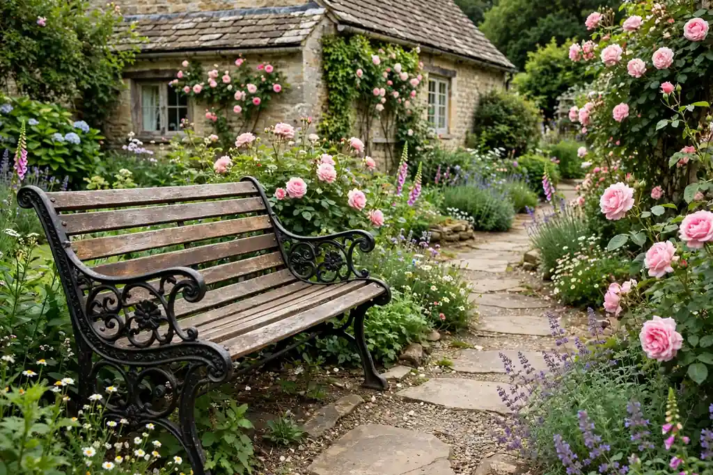 Cast iron and wood garden bench beside a cottage garden path with roses