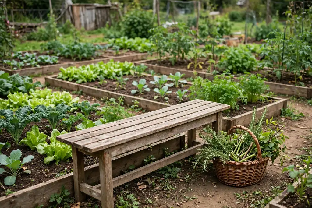Plain wooden bench at the edge of vegetable beds with a basket of cuttings beside it