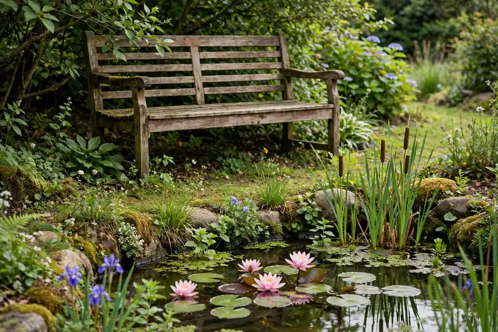 Wooden garden bench set back from a small garden pond with water plants