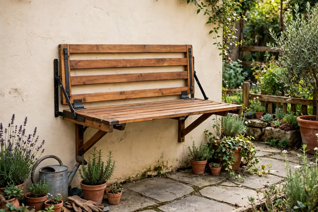 Fold-down wooden bench mounted on a patio wall in a small garden