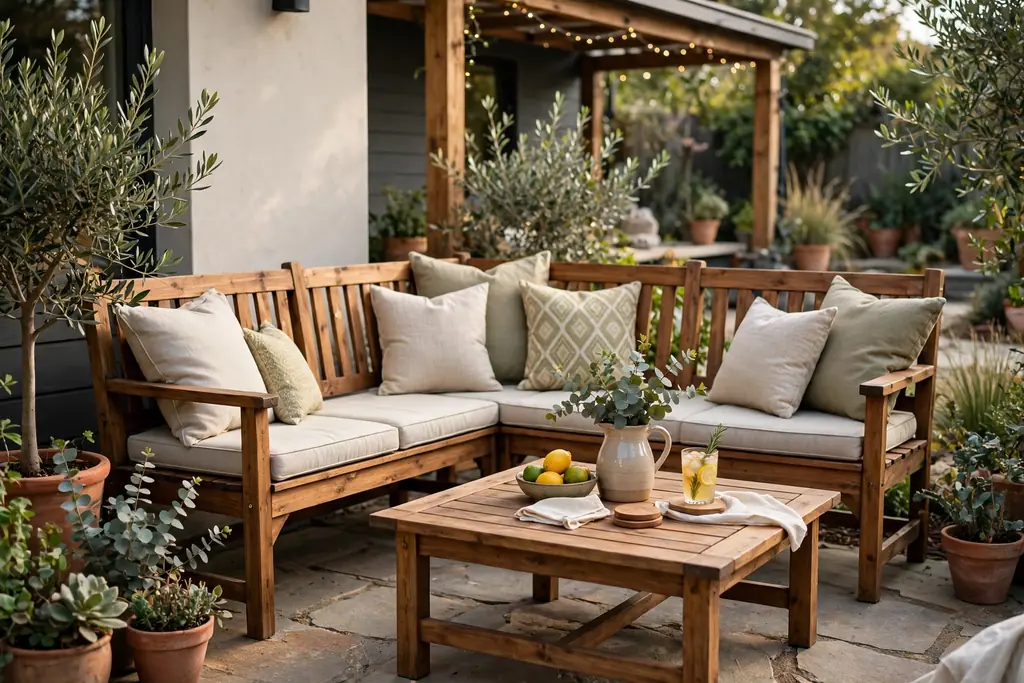 L-shaped wooden corner bench on a patio with a table and outdoor cushions