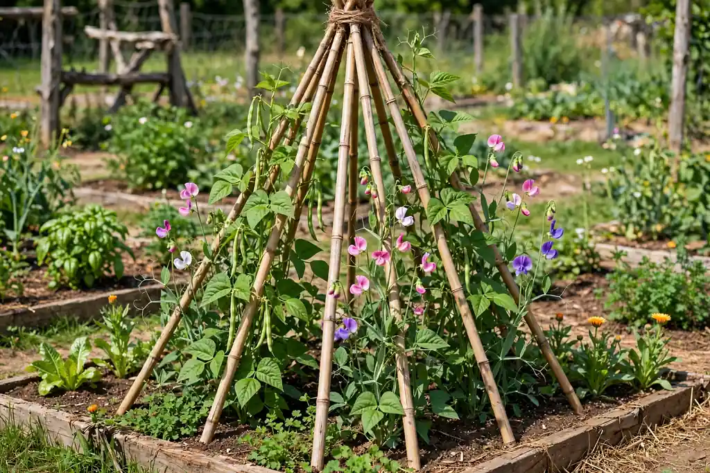 Bamboo cane wigwam trellis with climbing beans and sweet peas in a sunny vegetable garden bed.