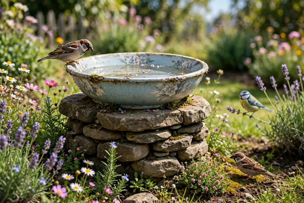 Simple bird bath made from an upcycled ceramic bowl on a stone pedestal in a flower garden.