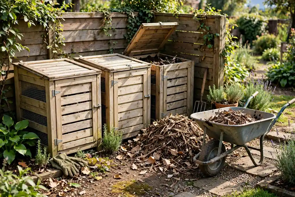 Neat home compost corner with wooden compost bins, a leaf mulch pile, and a wheelbarrow in a garden corner.