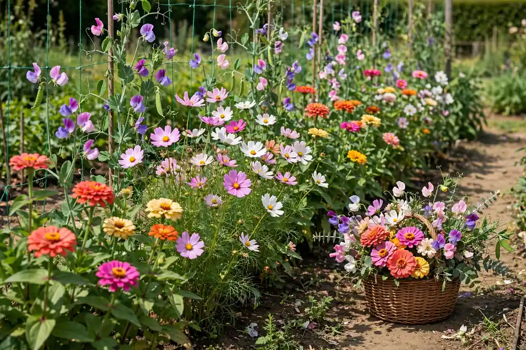 Narrow cutting garden row with zinnias, cosmos, and sweet peas in bloom, with a basket of freshly cut flowers beside the row.