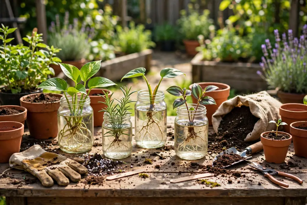 Plant cuttings rooting in glass jars of water on a sunny garden potting table with pots and soil.