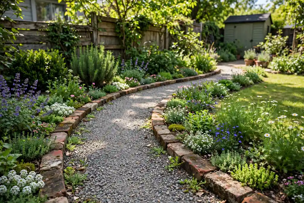 Curved gravel garden path edged with reclaimed bricks, lined with low green plants and flowers.