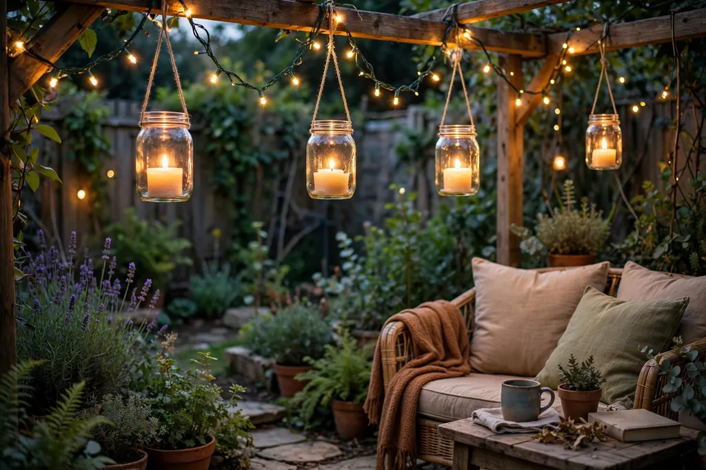 Glass jar lanterns with warm candles and solar string lights in a small garden at dusk.