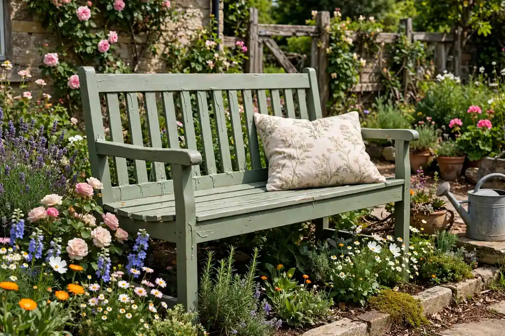 Secondhand wooden garden bench freshly painted sage green with a cushion, beside flower beds.