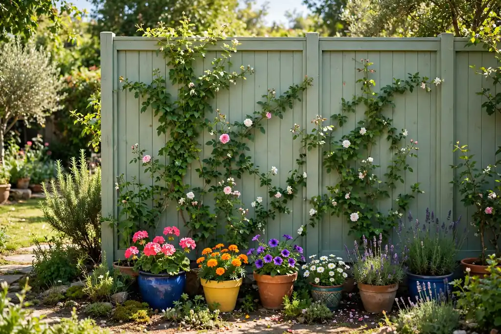 Garden fence painted in soft sage green panels with climbing plants and colorful flower pots in front.
