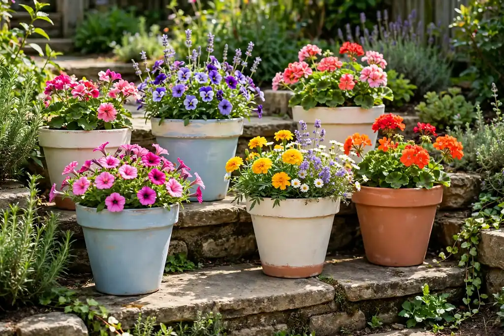 Terracotta pots painted in soft blue, cream, and terracotta tones with colorful flowers on garden steps.