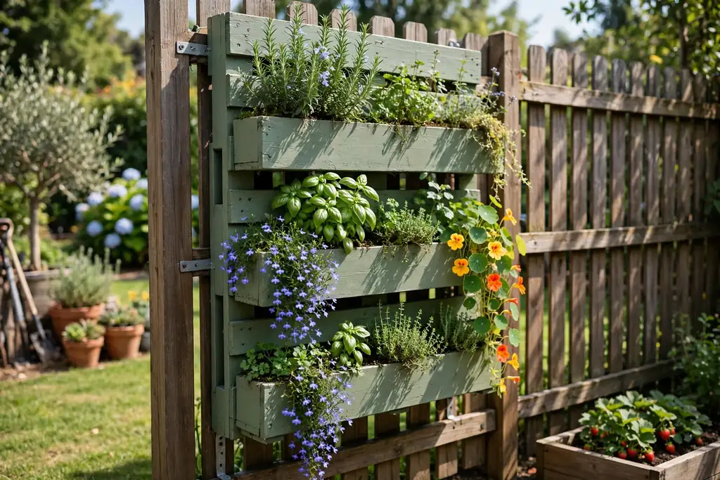 Vertical pallet planter painted sage green on a garden fence, filled with herbs and trailing flowers.