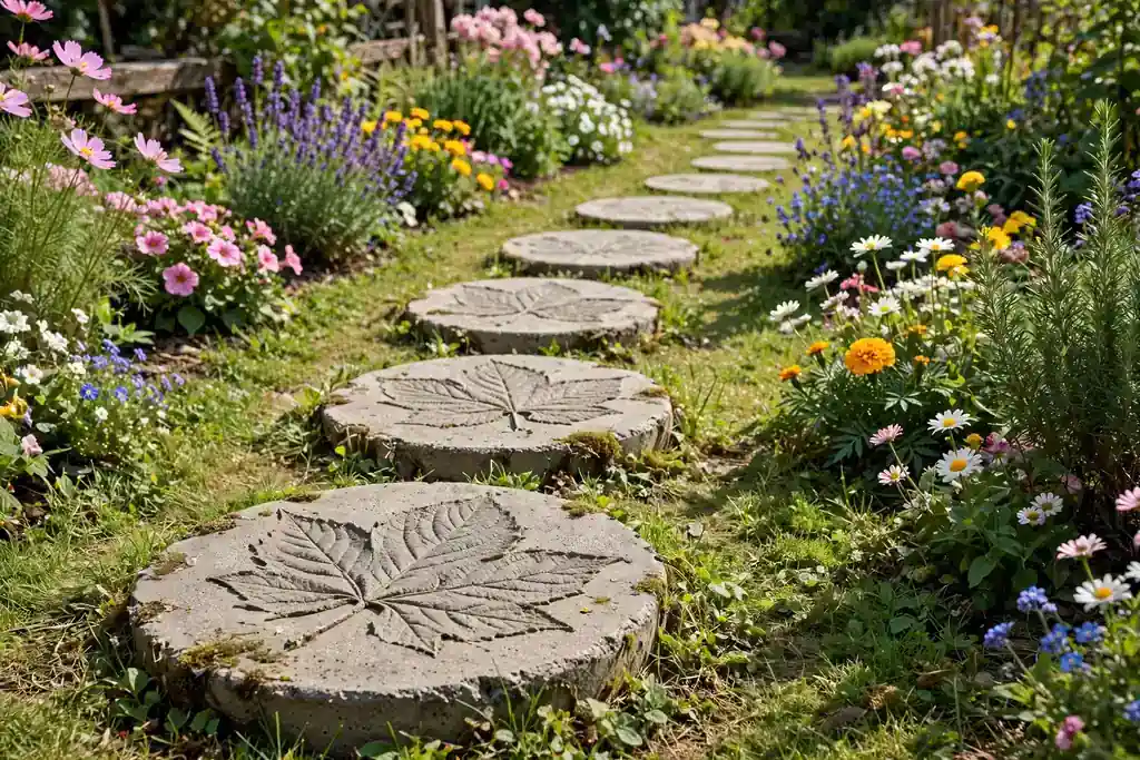 Handmade round concrete stepping stones with leaf patterns set in grass leading through a flower garden.