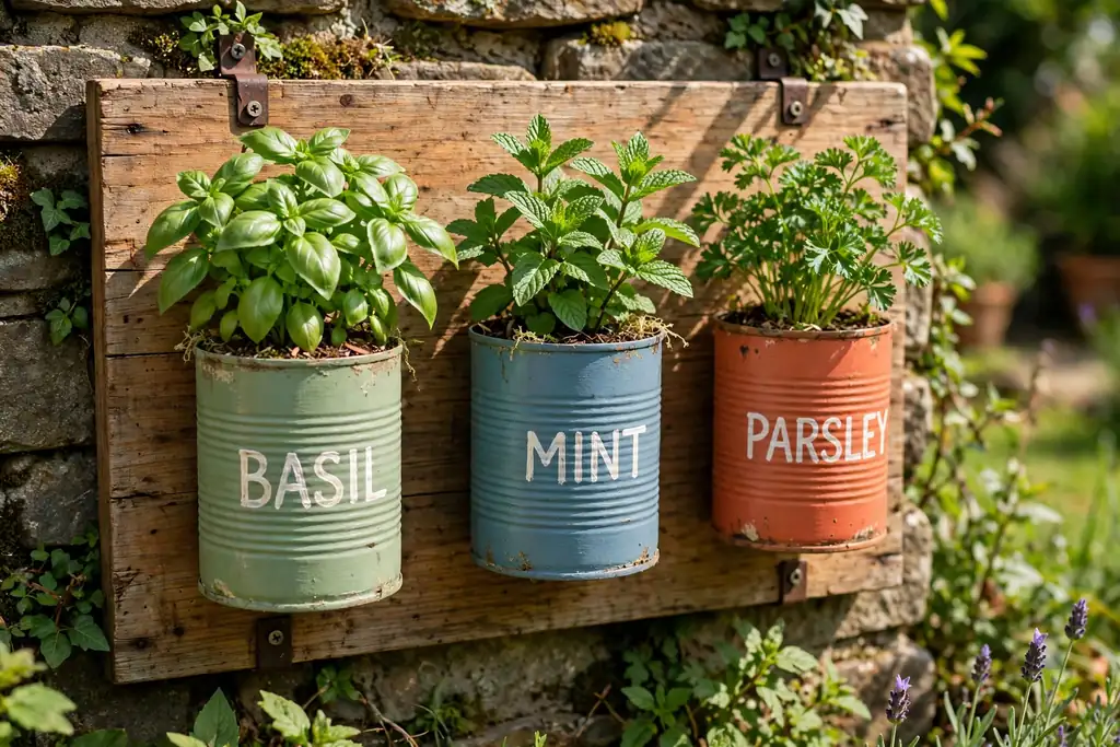 Herb garden made from painted tin cans mounted on a wooden board on a garden wall, with basil, mint, and parsley.