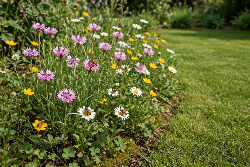 Small wildflower meadow patch with pink cornflowers, white daisies, and yellow blooms beside a lawn, with bees visiting.