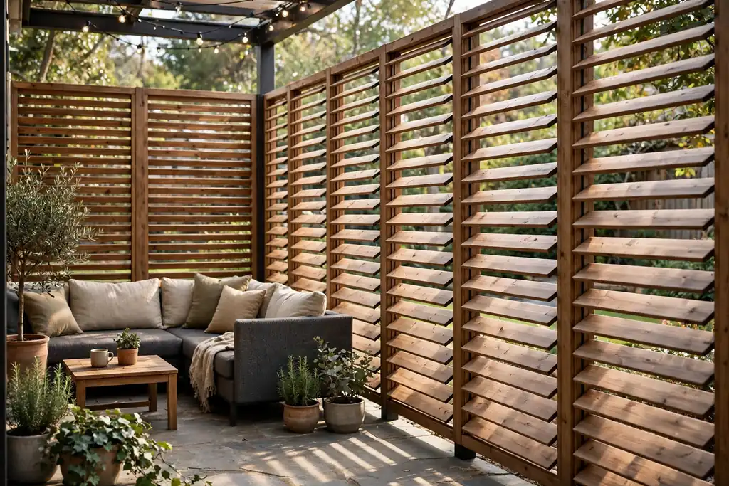 Angled louver fence boards giving privacy while letting air through a patio.