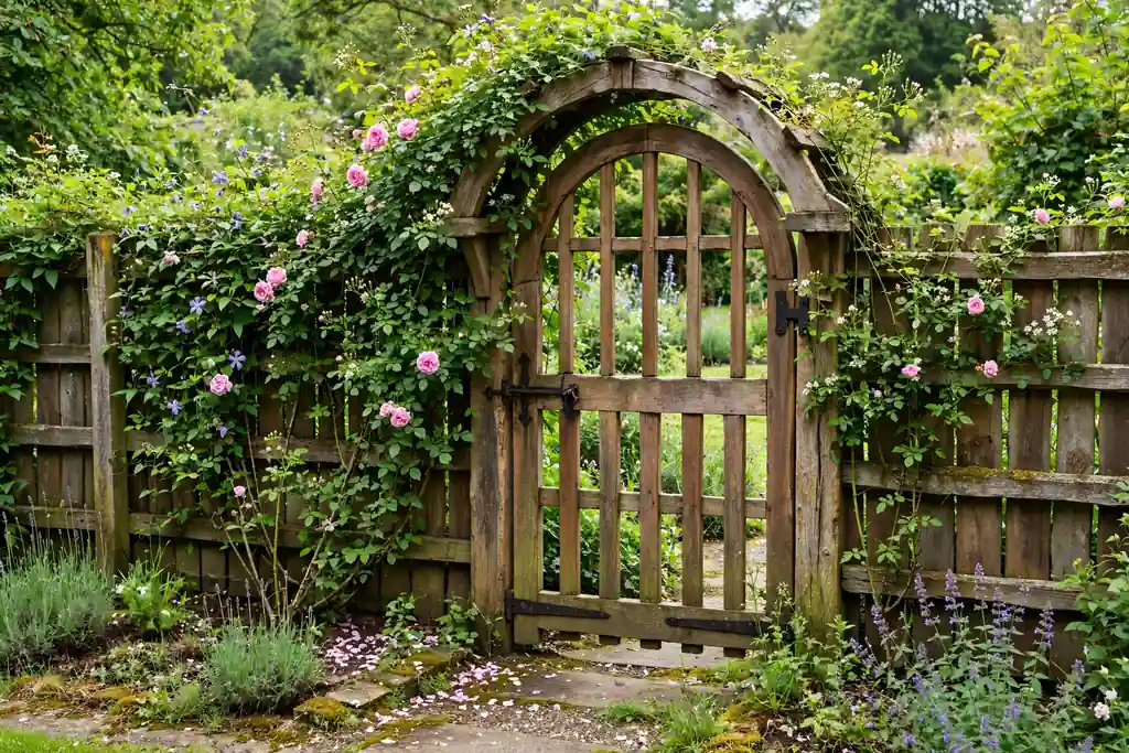 Arched wooden garden gate as a feature in a timber fence with climbers.