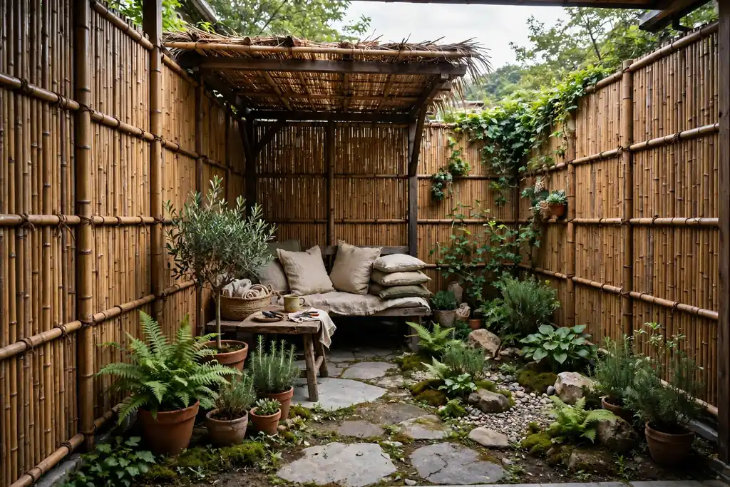Bamboo fence panels screening a small sheltered courtyard garden.