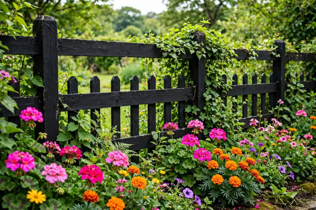 Black painted garden fence making green leaves and bright flowers stand out.