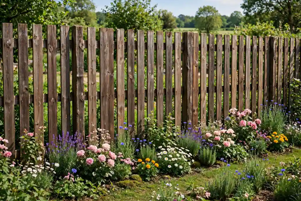 Classic vertical board wooden garden fence with a planted border in daylight.