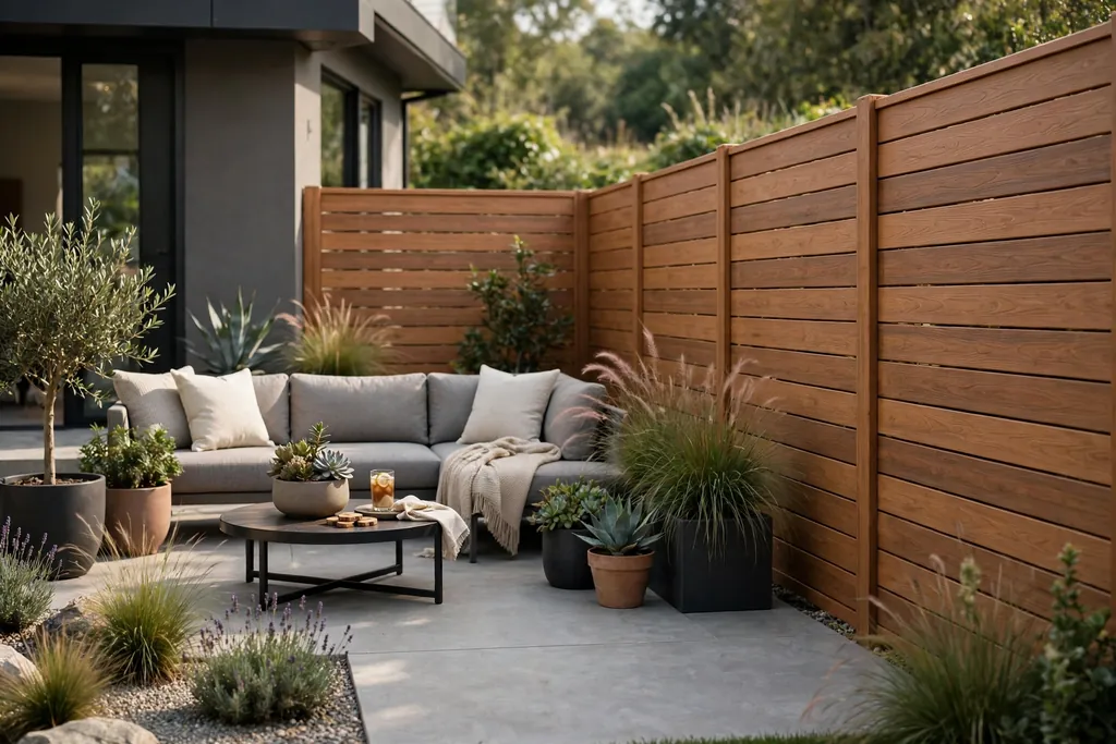 Composite fence boards in a warm timber tone beside a modern patio.