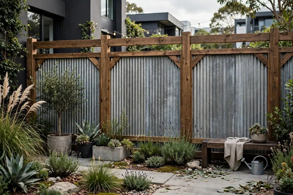 Corrugated metal fence panels in a timber frame in a modern urban garden.