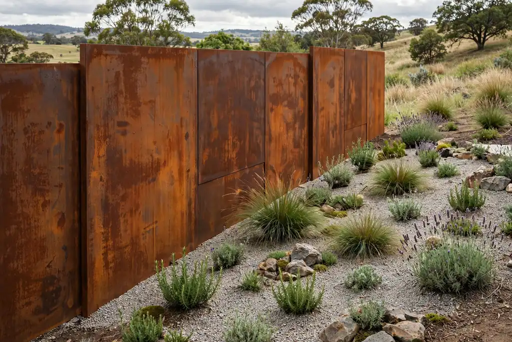 Corten steel fence panels with a warm rust tone beside gravel planting.